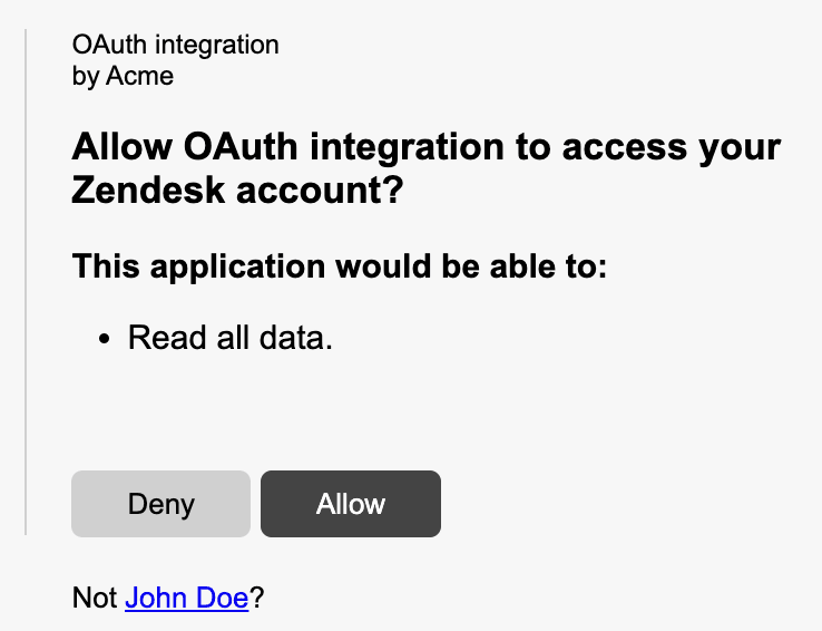 Zendesk's OAuth consent screen prompting a user to allow an application to access their account with specific data permissions.