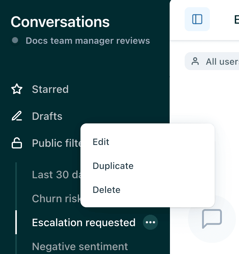 Filter management interface showing context menu with Edit and Duplicate options