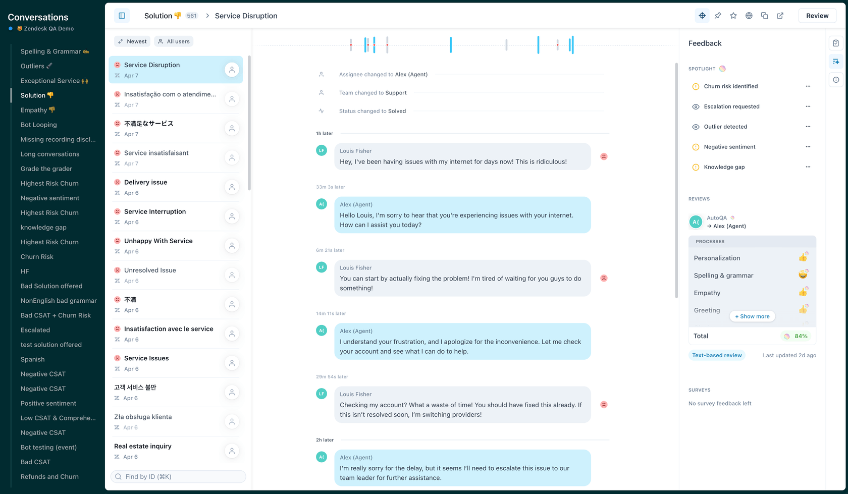 ZendeskのQAデモレビュー担当者インターフェース。顧客とエージェントの会話が、パーソナライズ、スペルと文法、共感性などのプロセスに関するスコアカード要素を含む評価パネルとともに表示されます。