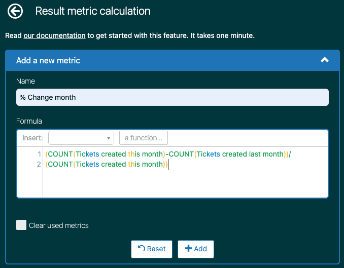 Result metric calculation interface for percentage change formulas