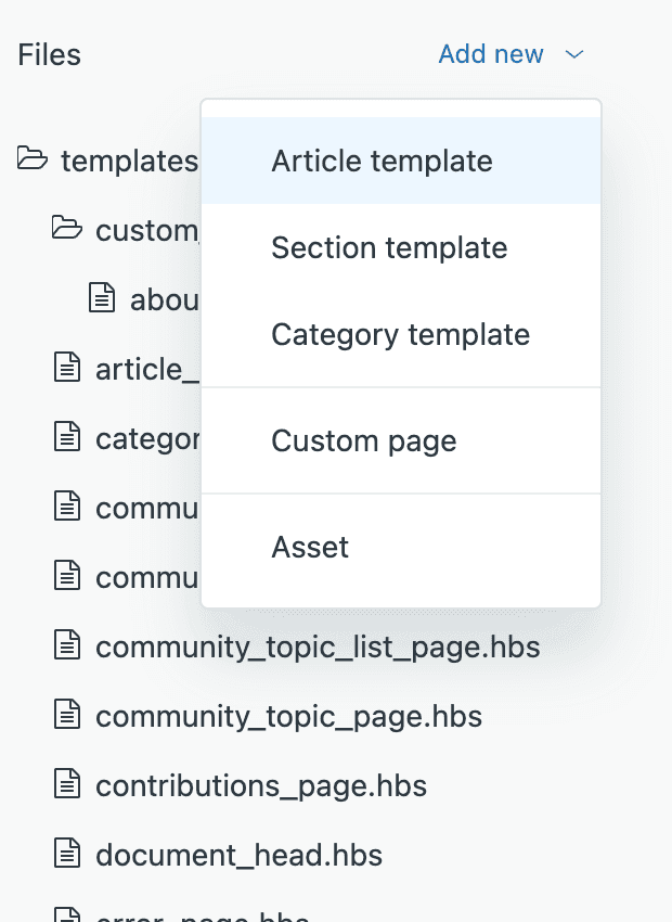 The theme editor's file management interface, displaying options to add new template types including 'Section template.'