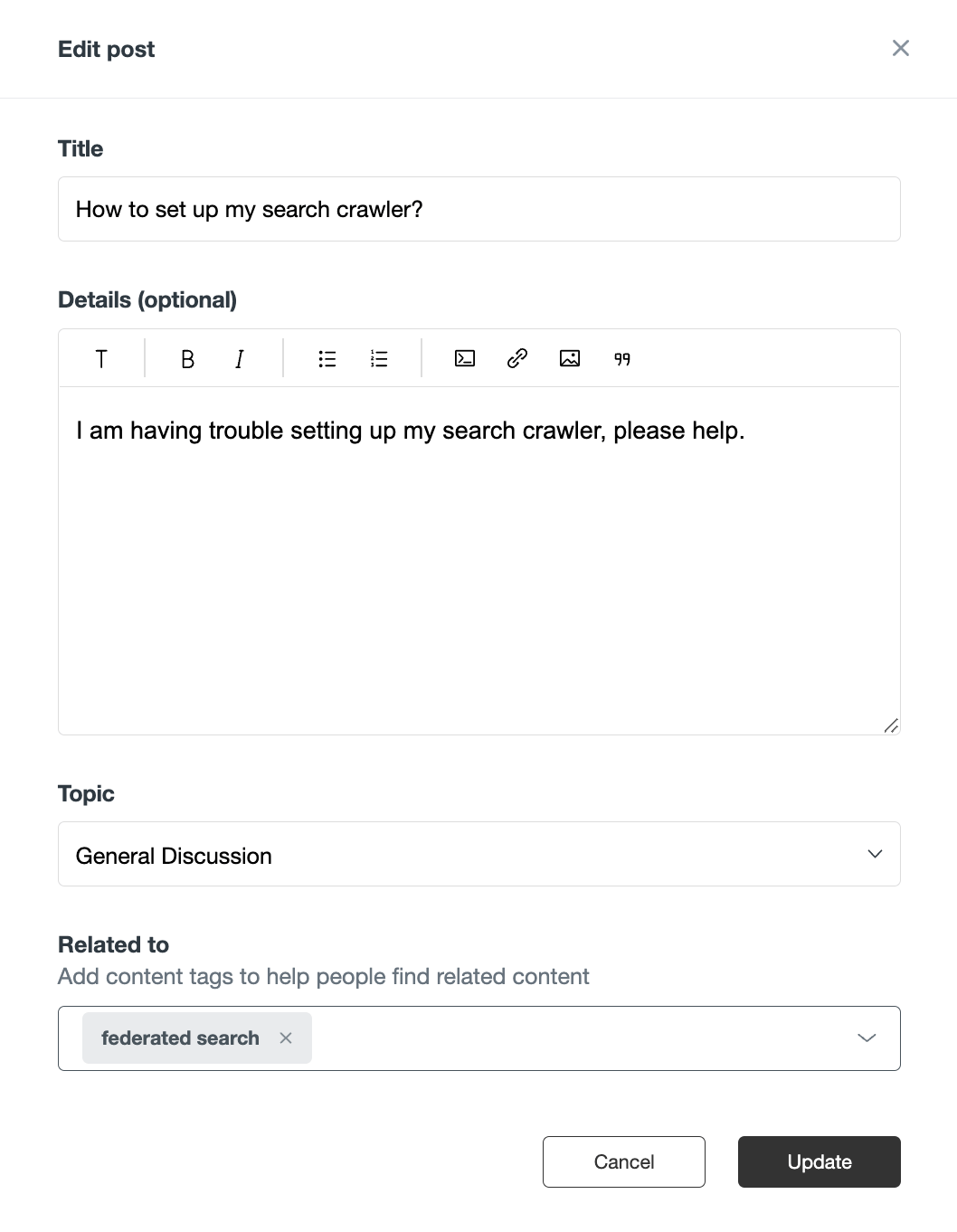 Zendesk Guide's community post editing interface, displaying fields for title, details, topic, and related content tags.