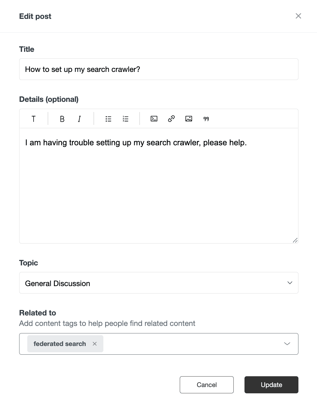 Interface de edição de posts da comunidade do Zendesk Guide, exibindo campos para título, detalhes, tópico e tags de conteúdo relacionadas.