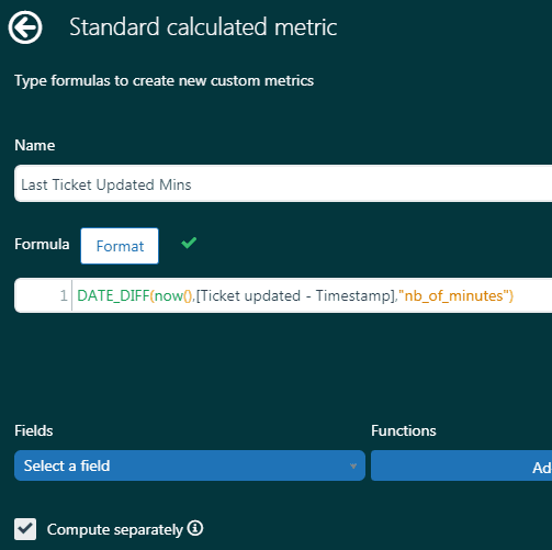 Calculated metric configuration panel with formula input and display format options