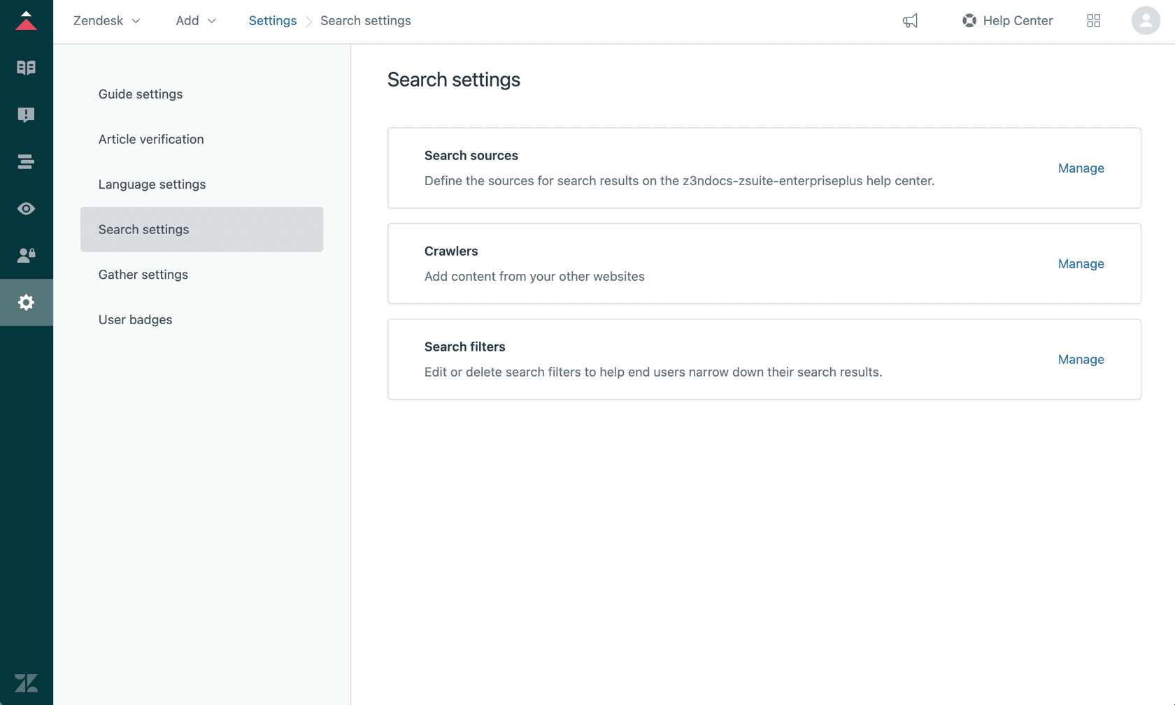 Zendesk's Search settings panel displaying options to define search sources for the help center, manage crawlers, and edit search filters.