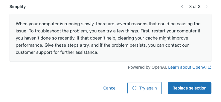 Zendesk generative reply interface with AI-drafted response and refinement options