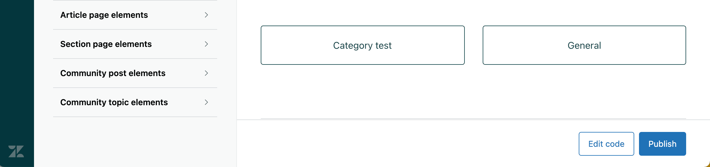 Zendesk's theme editor interface displaying options for customizing page elements and publishing changes.