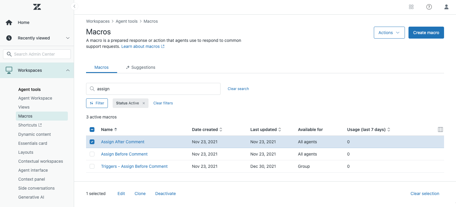 A customer support platform's Macros management interface, displaying a list of active macros and a 'Create macro' button.